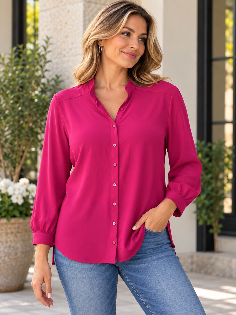 Chico’s Size XL Magenta Pink Button Front Tunic Blouse Long Sleeve